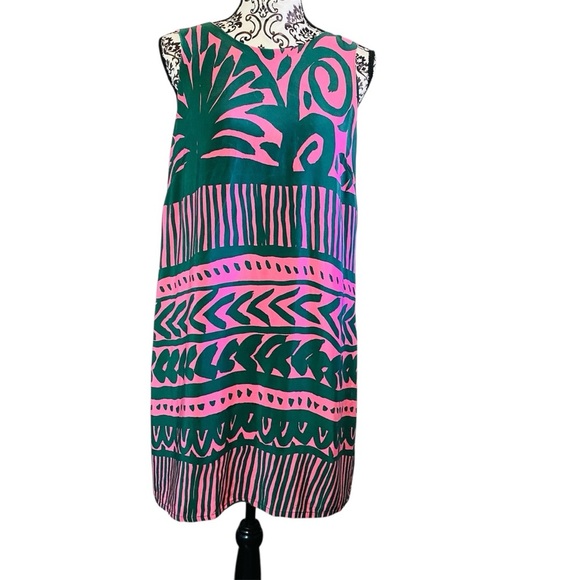 Whistle 100% Silk Green and Pink Sleeveless Shift Mini Dress Sz-10 - Picture 2 of 8